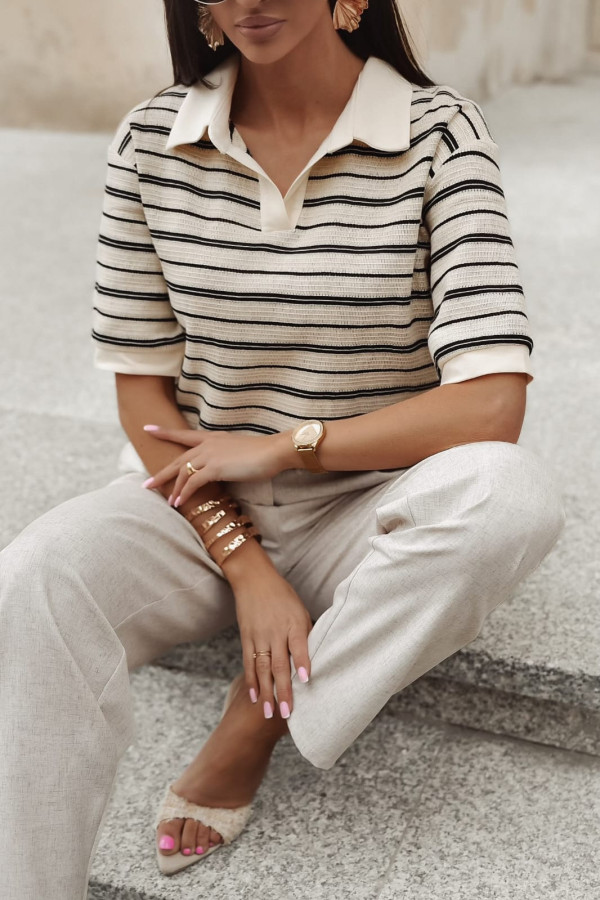 SWETERKOWA BLUZKA POLO W PASECZKI| BEIGE